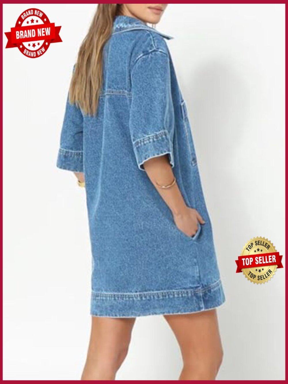 Denim Shirt Dress Mini Jean Dress with Pockets Deep V Neck - Picture 3 of 7